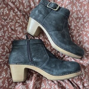 Dansko Black Ankle Booties with Tan Heel